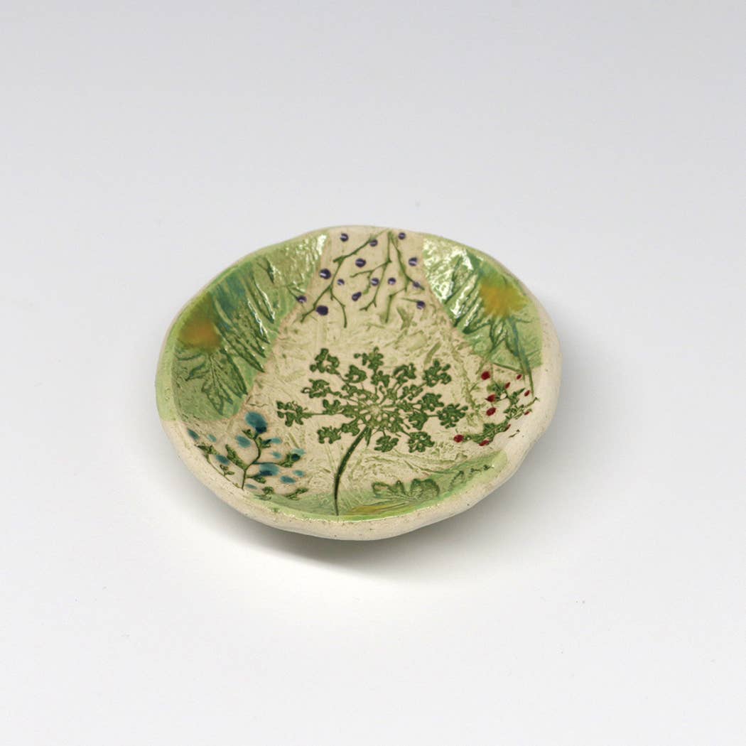 Pottery Dish Bowl - Pressed Flowers Hand Crafted Art Pottery