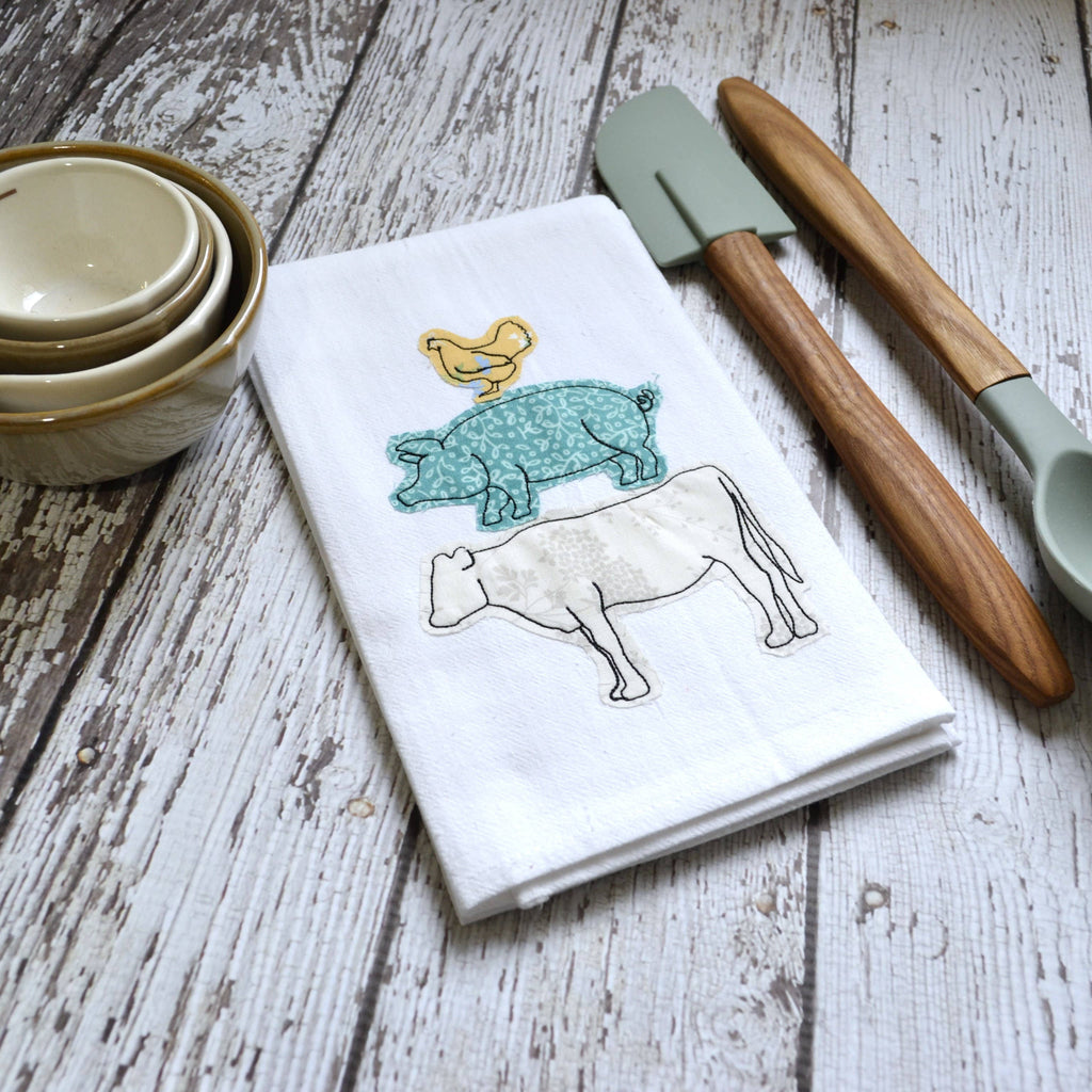 Embroidered Farm Animal Flour Sack Tea Towel | Misc Fabric Colors | Farmhouse Kitchen Decor