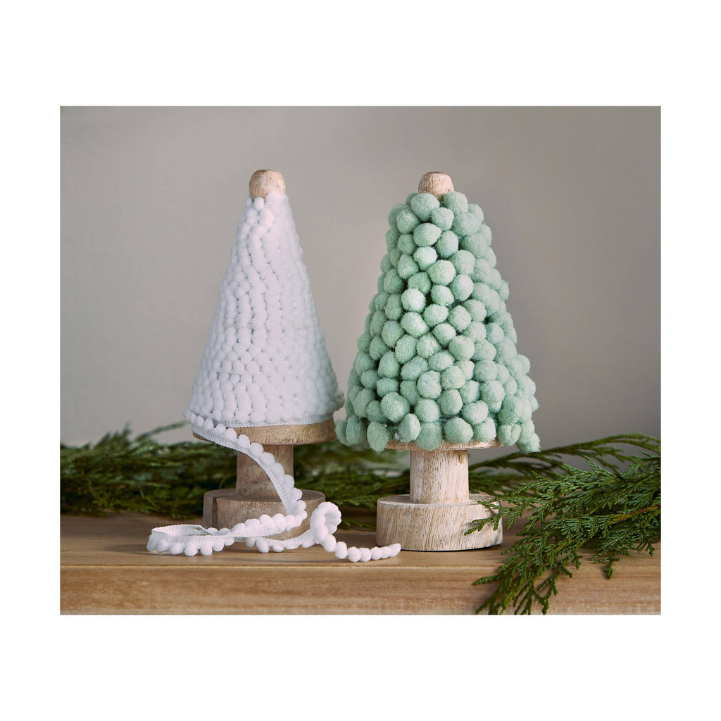 Holiday White Pom Pom Ribbon - 5 Yards on Rustic Wood Tree Spool