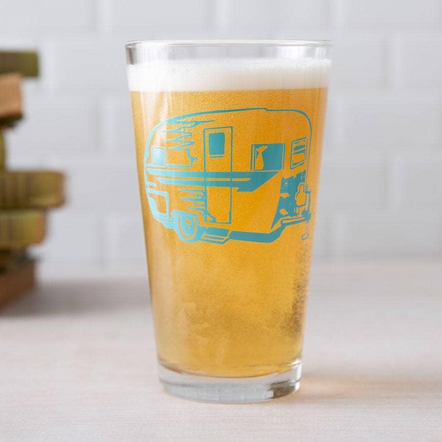 Retro Camper Trailer Pint Glass — 16 oz Screen-Printed Beer Glass | Teal Ink