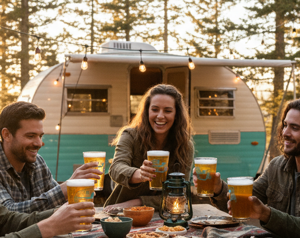 Retro Camper Trailer Pint Glass — 16 oz Screen-Printed Beer Glass | Teal Ink