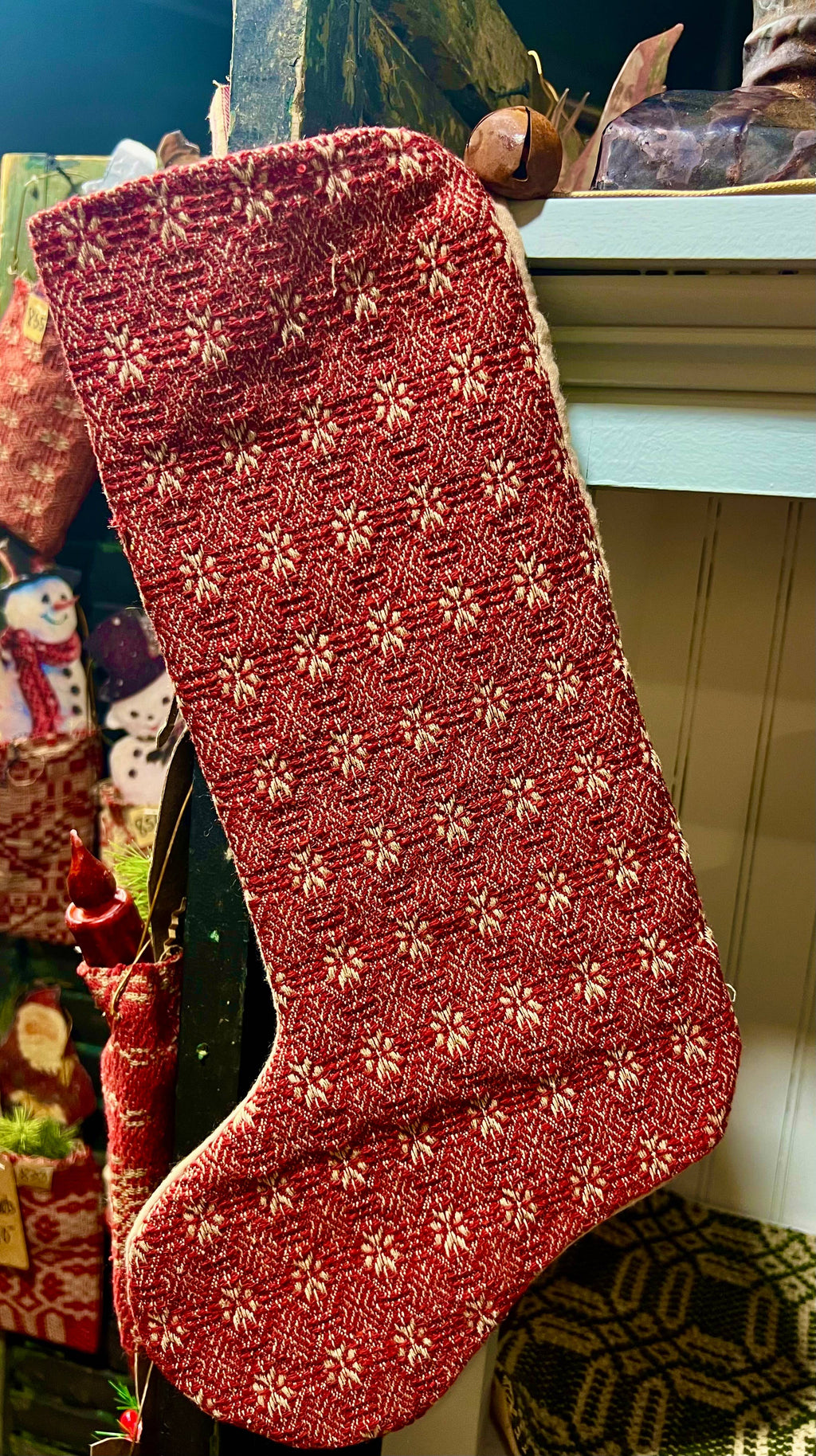 Handmade Coverlet Christmas Stocking — Large 15" x 9" with Flannel Backing & Rusty Bell
