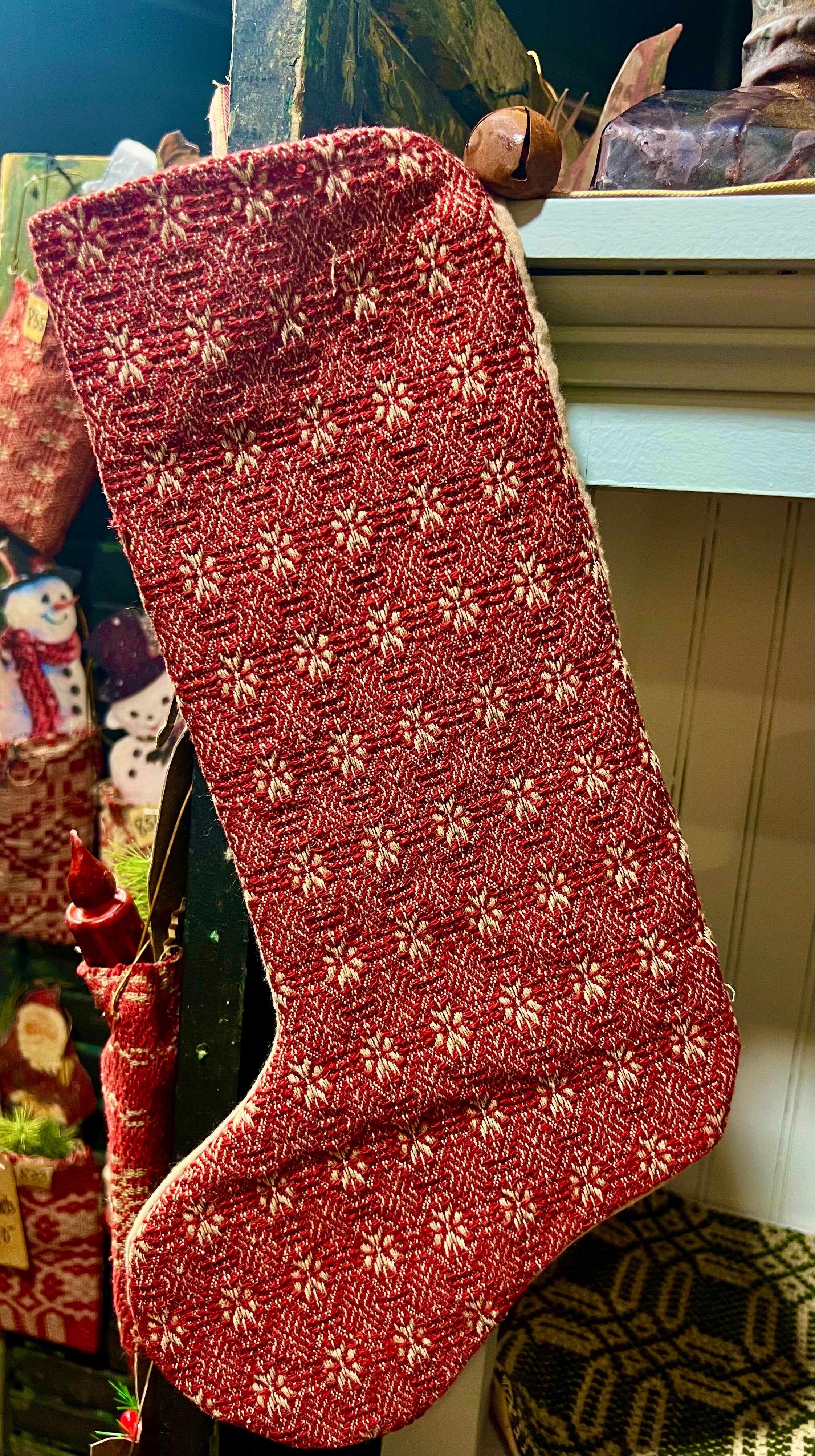 Handmade Coverlet Christmas Stocking — Large 15" x 9" with Flannel Backing & Rusty Bell