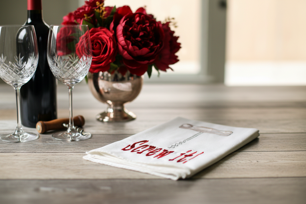 Embroidered Wine ‘Screw It’ Tea Towel | Red | Funny Kitchen Decor & Wine Lover Gift
