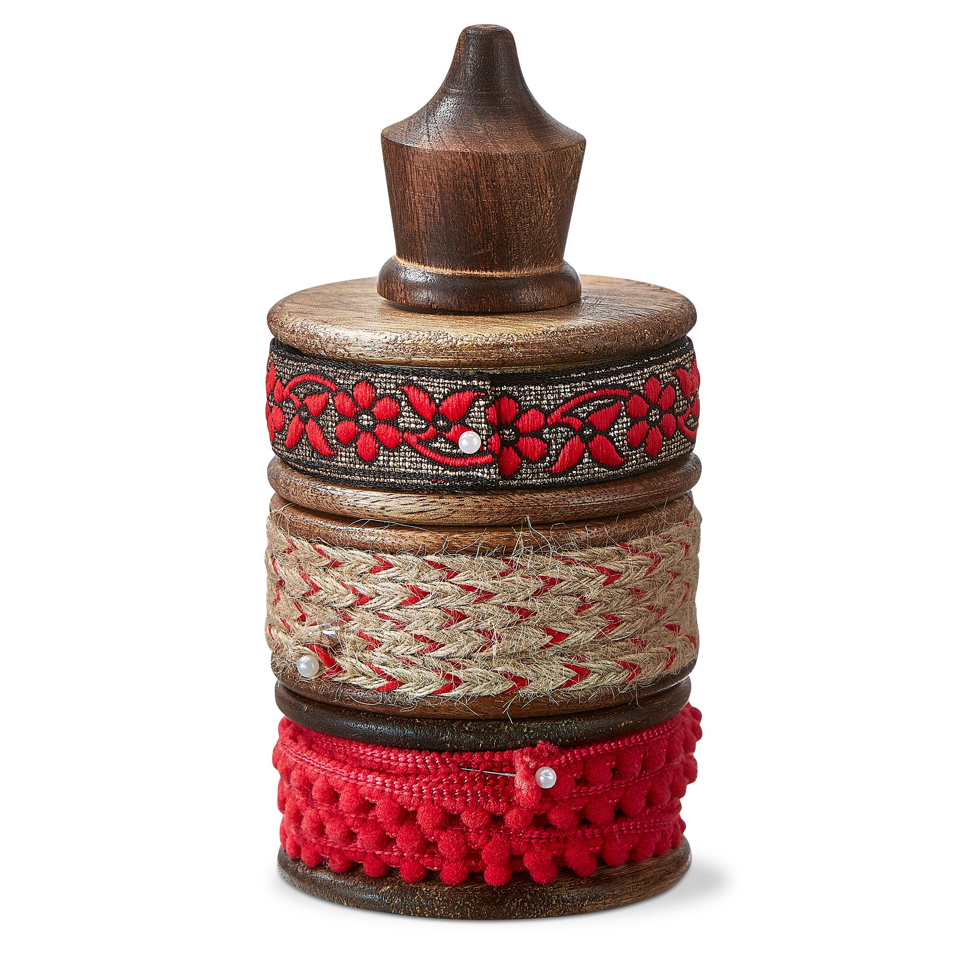 Christmas Ribbon Set - 3 Red Spools on Rustic Wood Holder
