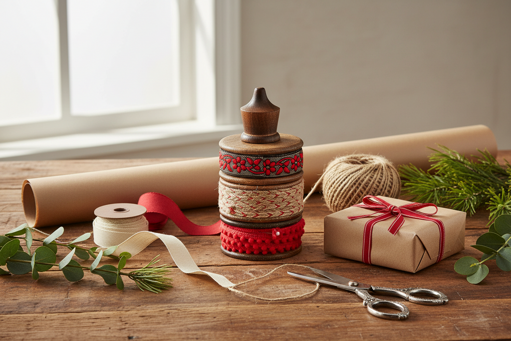Christmas Ribbon Set - 3 Red Spools on Rustic Wood Holder