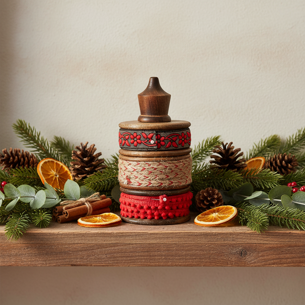 Christmas Ribbon Set - 3 Red Spools on Rustic Wood Holder