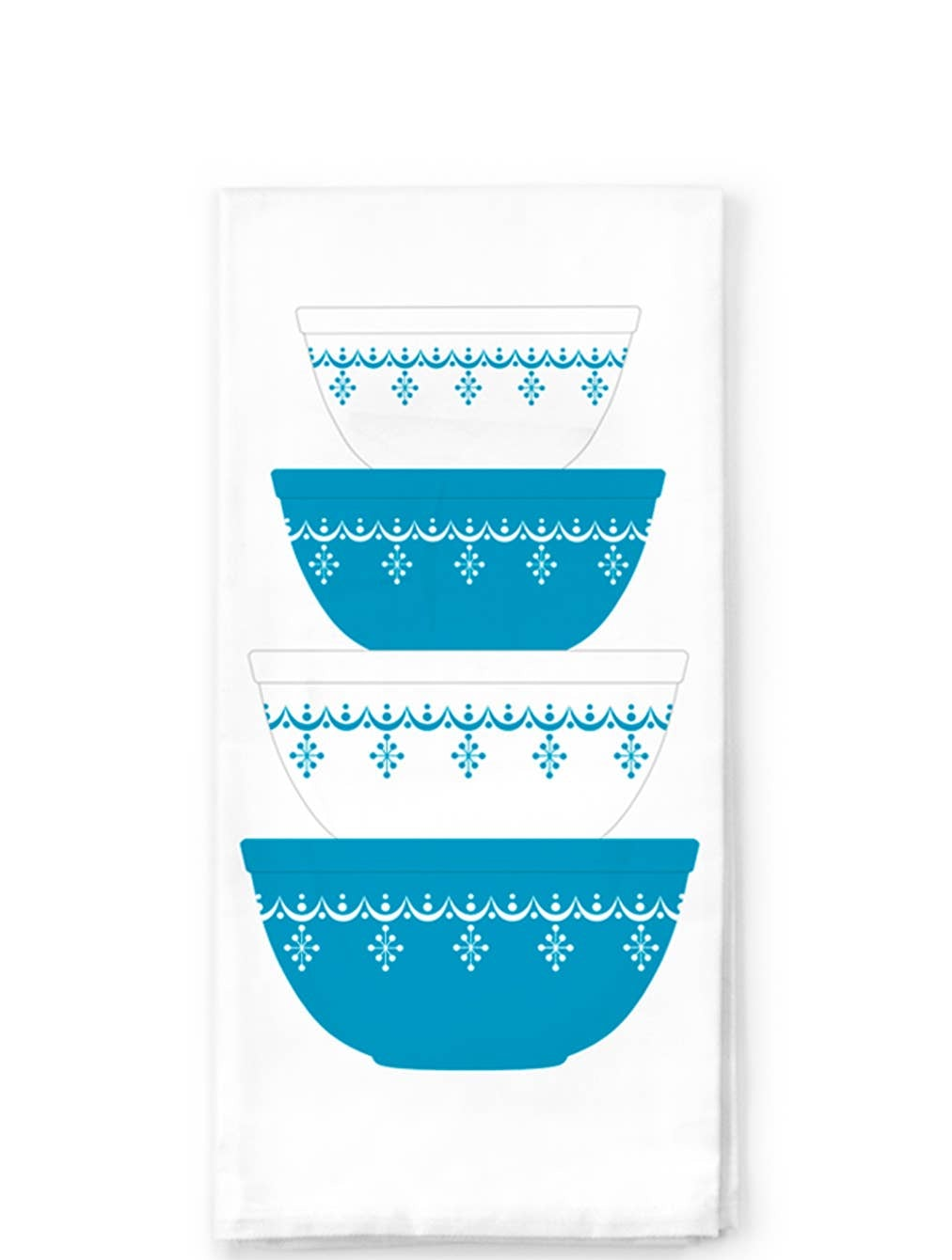 Vintage Bowl Stack Cotton Tea Towel Snowflake Blue Pyrex Style