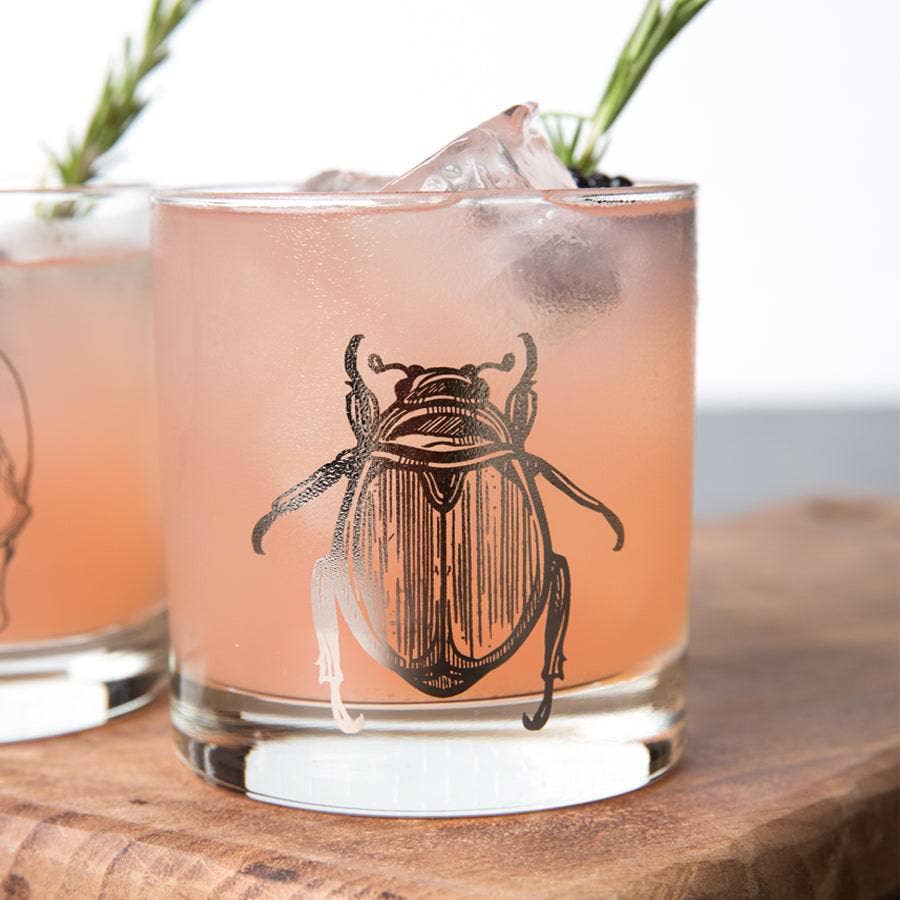 Scarab Beetle Rocks Glass — 11 oz Platinum Silver Screen-Printed Whiskey Glass