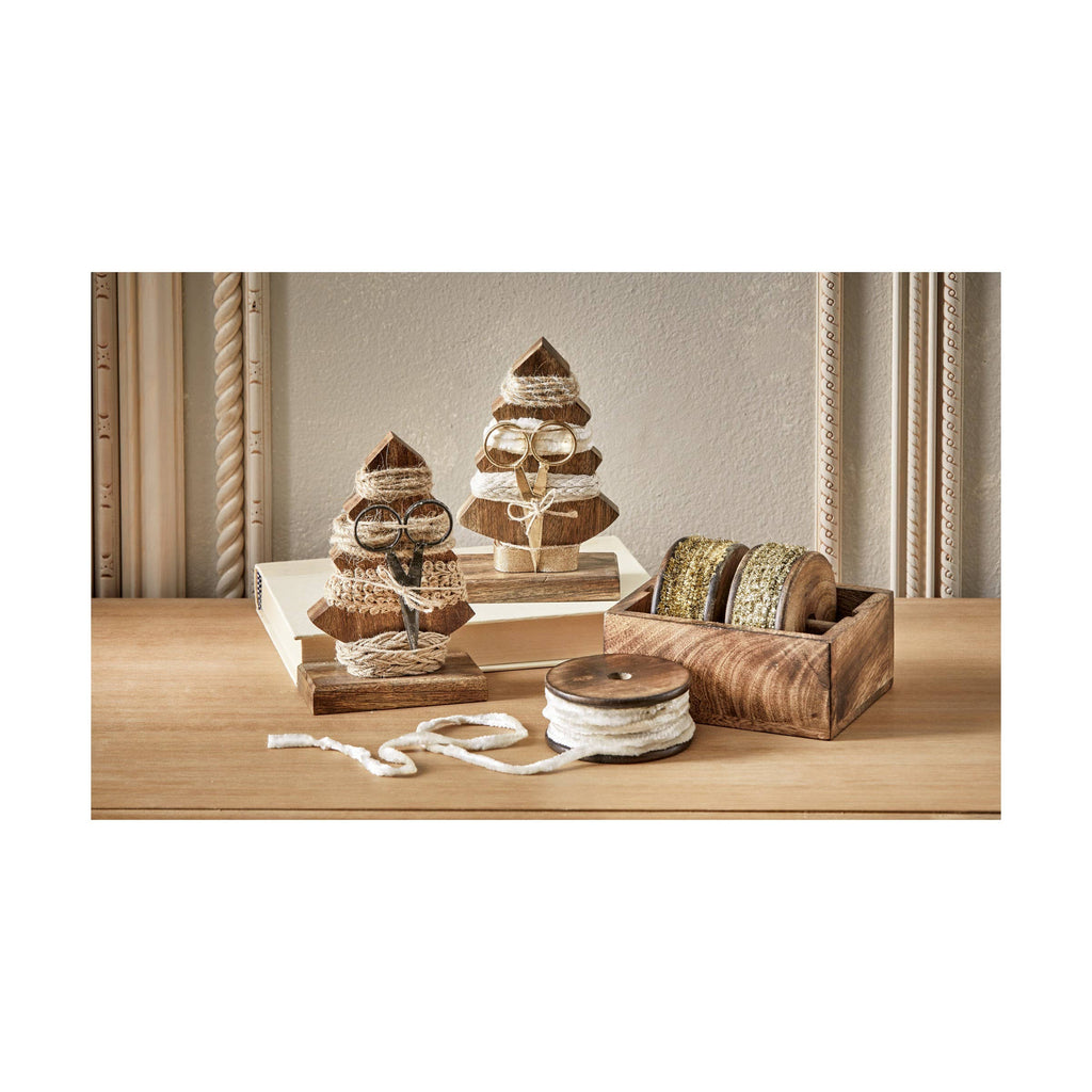 Primitive Natural Christmas Ribbon Set - 4 Spools with Iron Scissors on Wood Holder