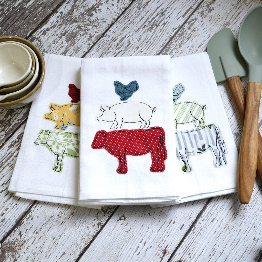 Embroidered Farm Animal Flour Sack Tea Towel | Misc Fabric Colors | Farmhouse Kitchen Decor