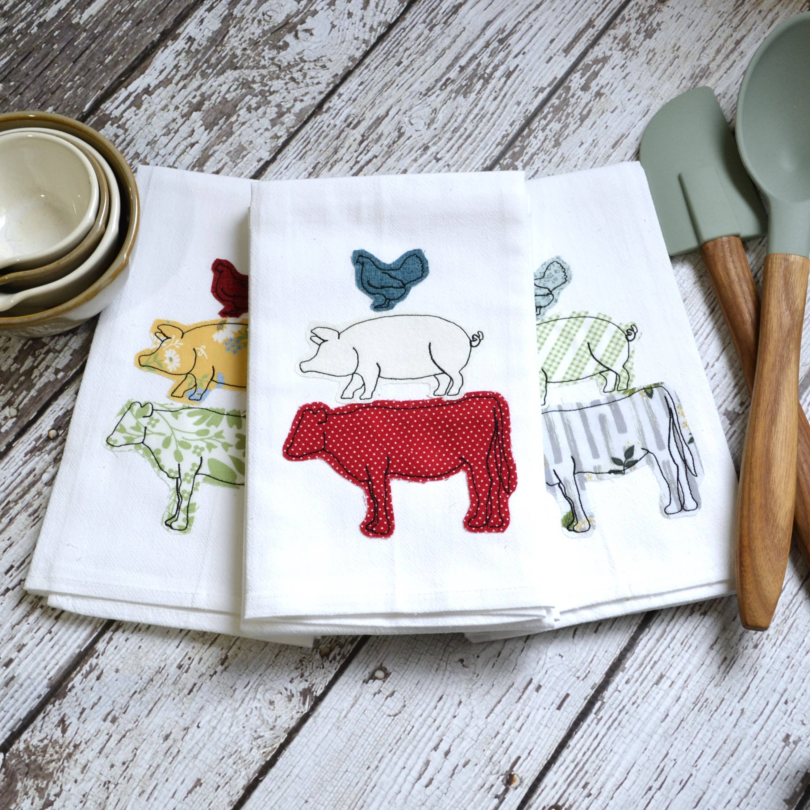 Embroidered Farm Animal Flour Sack Tea Towel | Misc Fabric Colors | Farmhouse Kitchen Decor