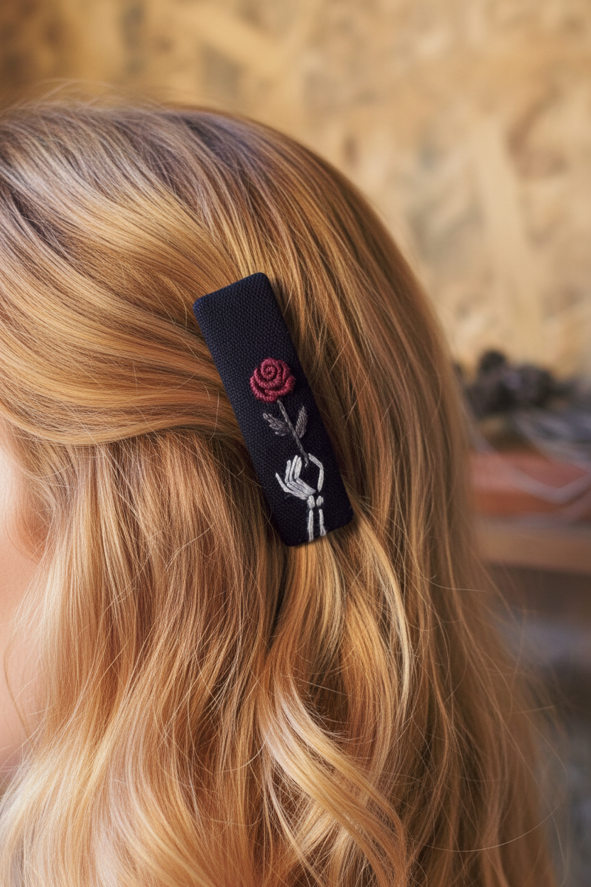 Halloween Skeleton Hand-Embroidered Hair Barrette