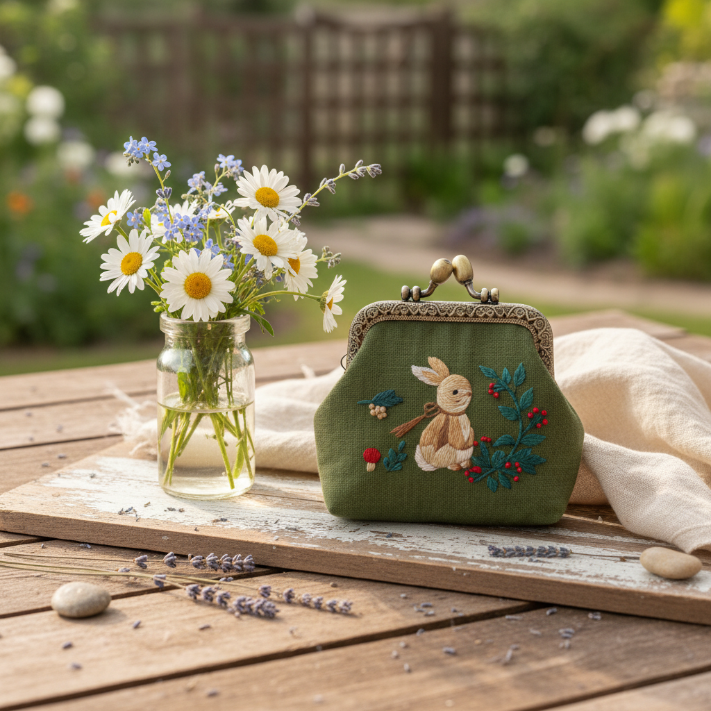 Vintage Rabbit Embroidered Denim Coin Purse – Handmade Floral