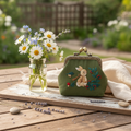 Vintage Rabbit Embroidered Denim Coin Purse – Handmade Floral