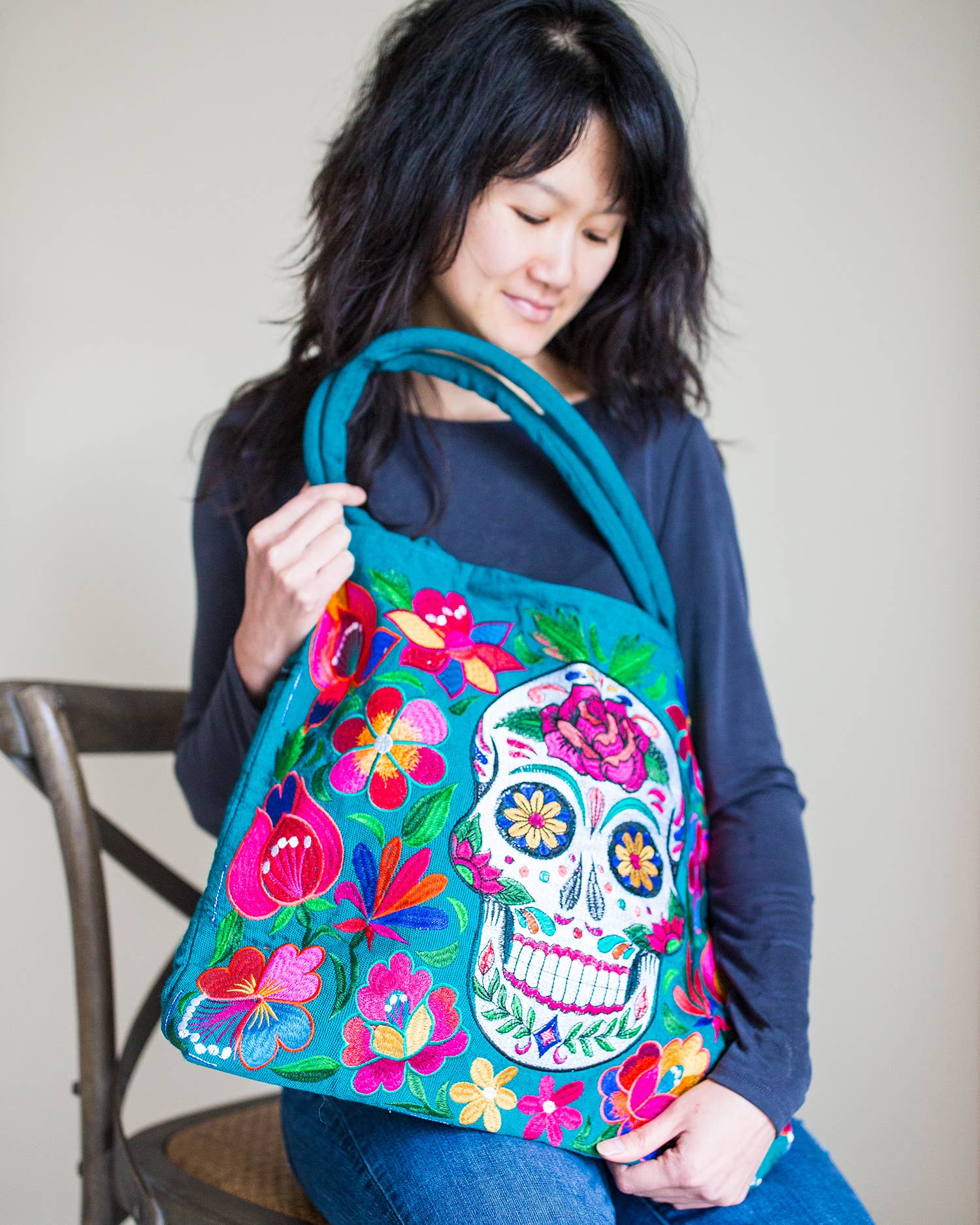 Sugar Skull Embroidered Tote Bag – Día de los Muertos Artisan Bag