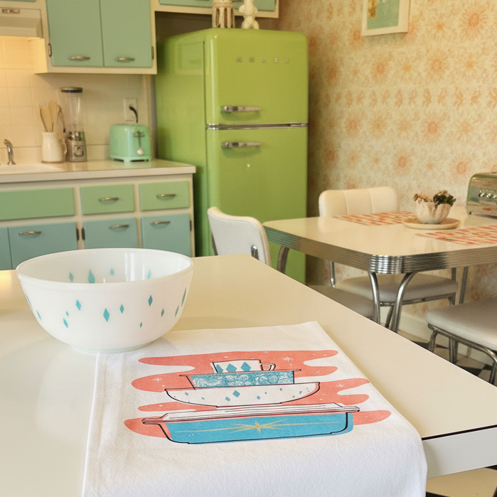 Pyrex Tea Towel - Turquoise Starburst Bowl Stack