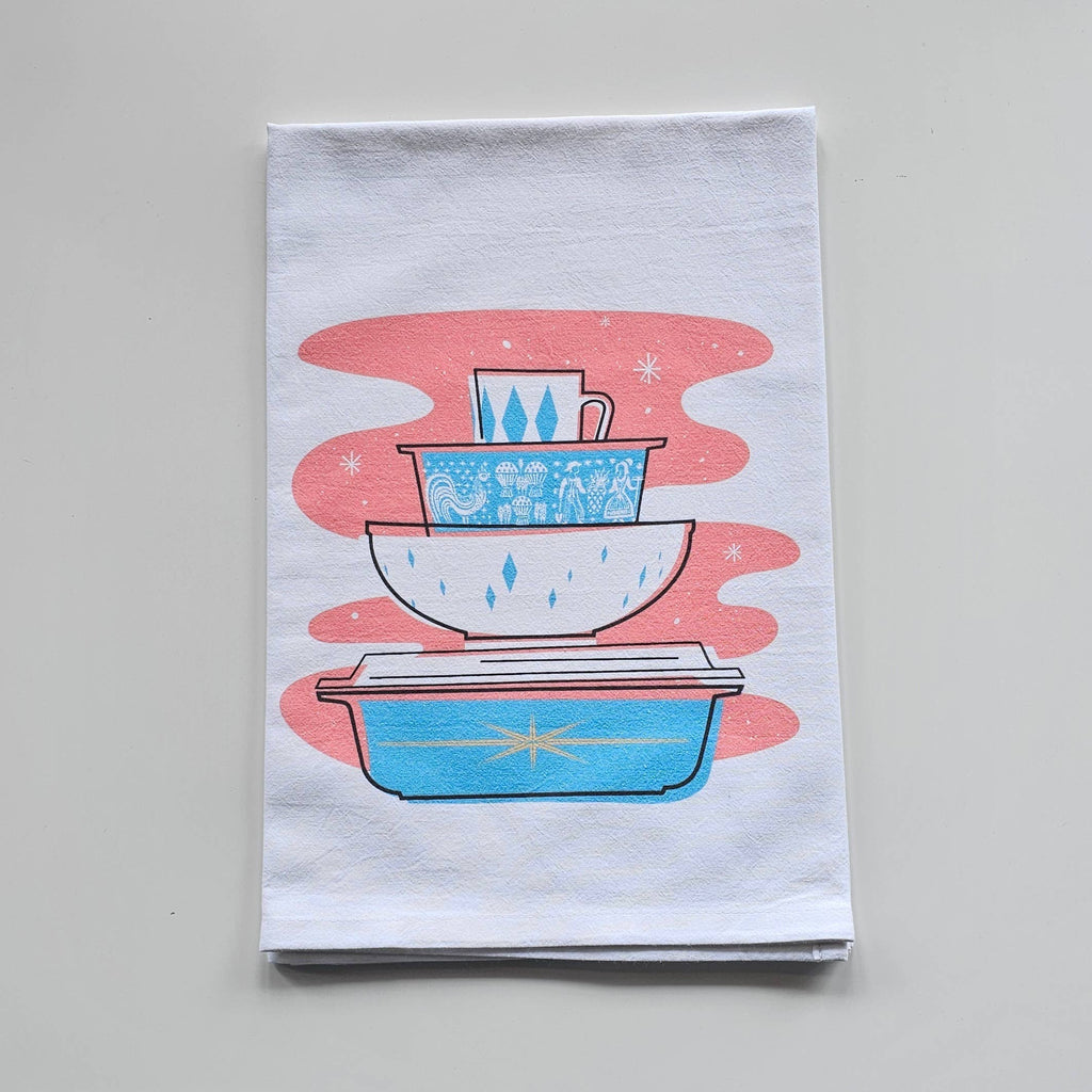 Pyrex Tea Towel - Turquoise Starburst Bowl Stack