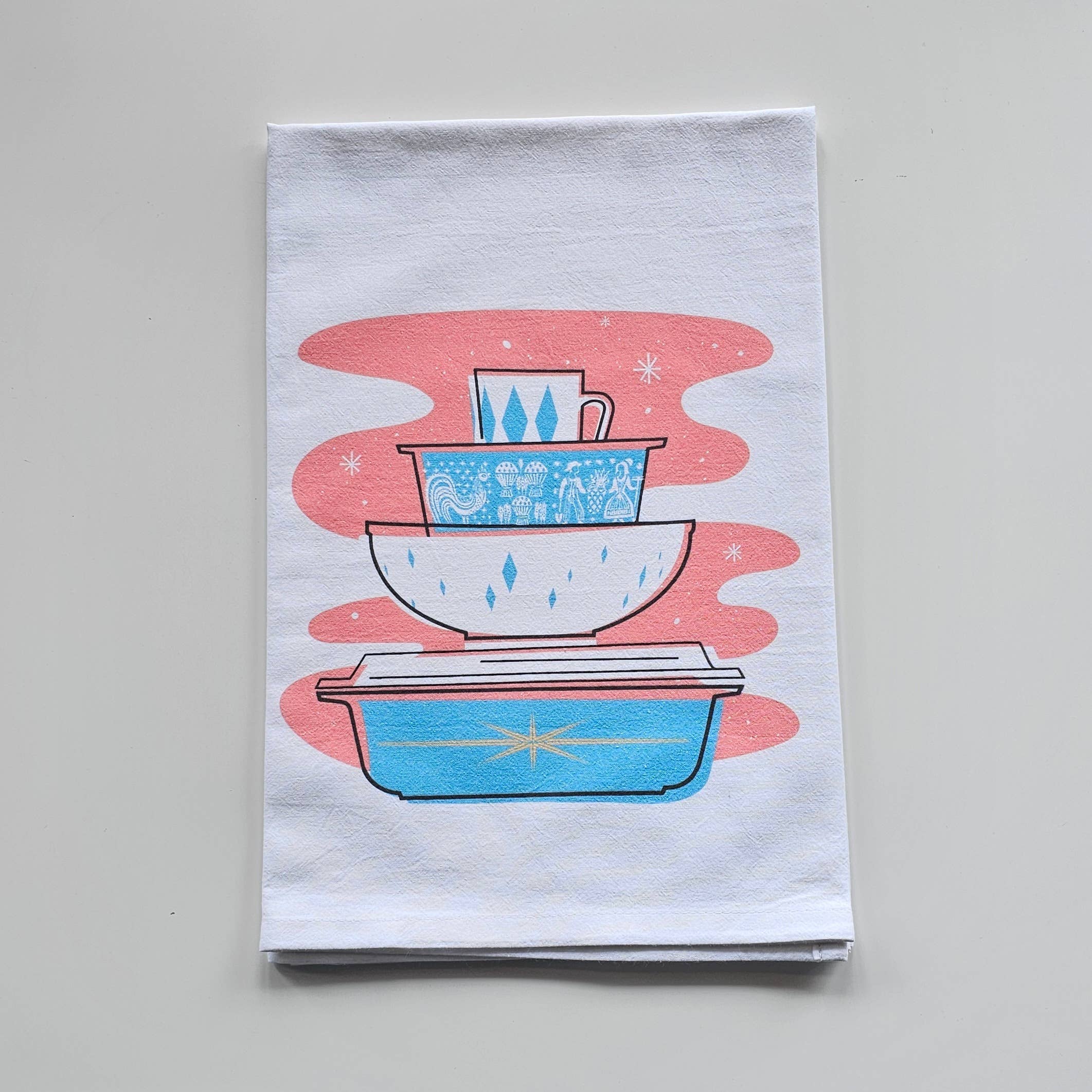 Pyrex Tea Towel - Turquoise Starburst Bowl Stack