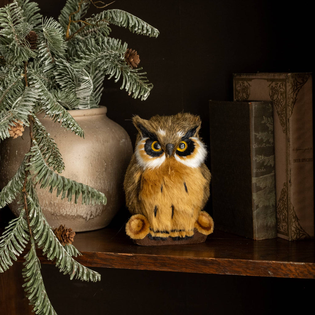 6.5" Great Horned Owl Figurine on Log – Rustic Wildlife Home Decor