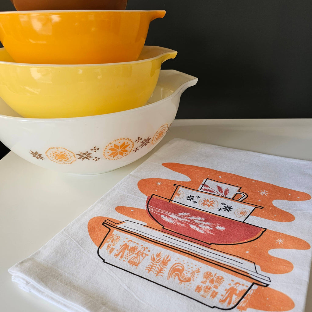 Pyrex Pumpkin Butterprint Tea Towel — Vintage Bowl Stack Print