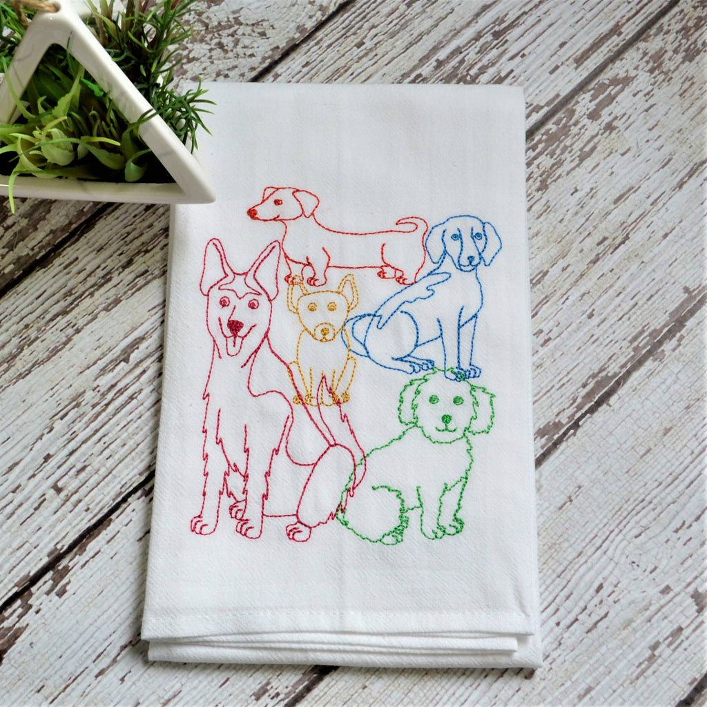 Embroidered Lots of Dogs Flour Sack Tea Towel | Multicolor | Dog Lover Kitchen Decor