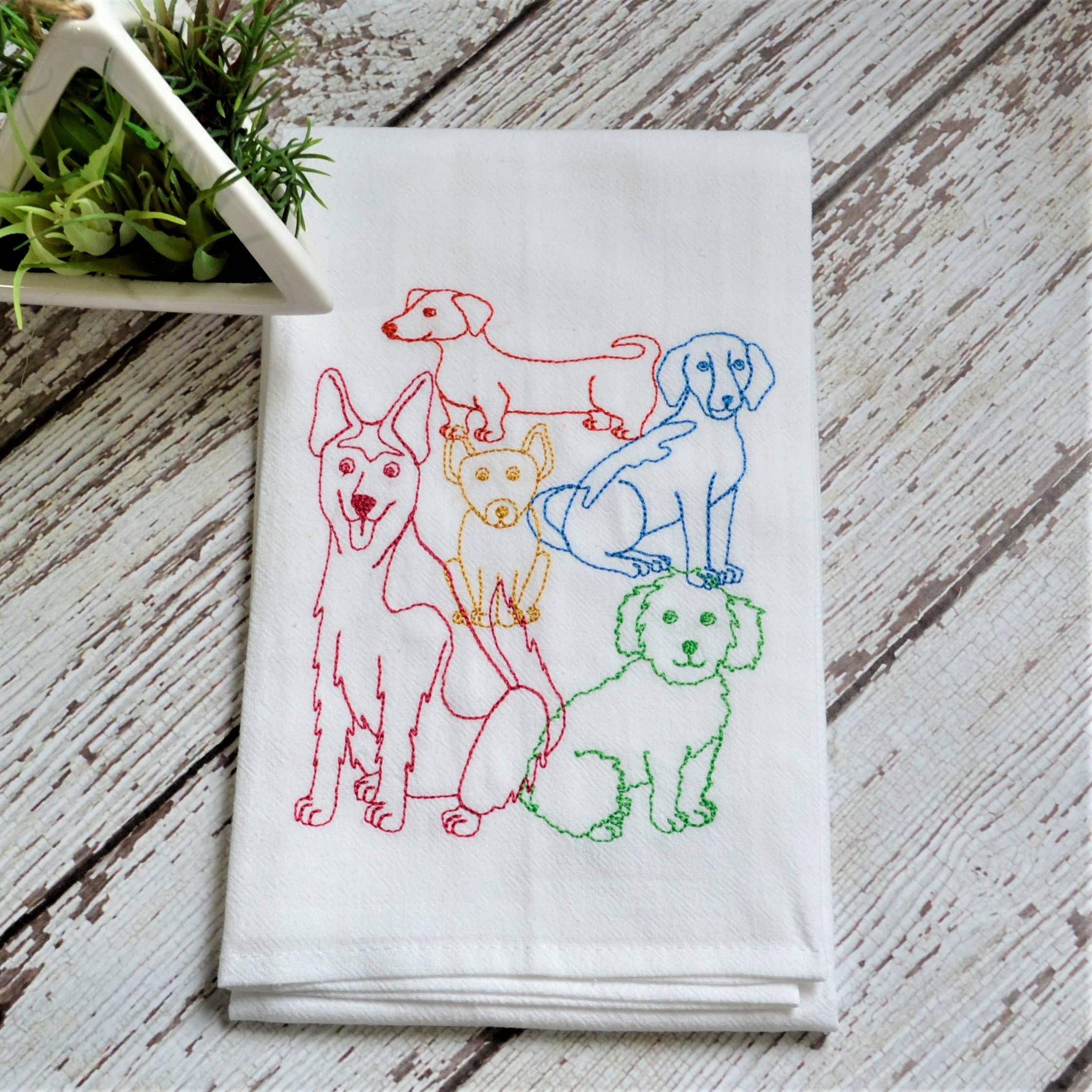 Embroidered Lots of Dogs Flour Sack Tea Towel | Multicolor | Dog Lover Kitchen Decor