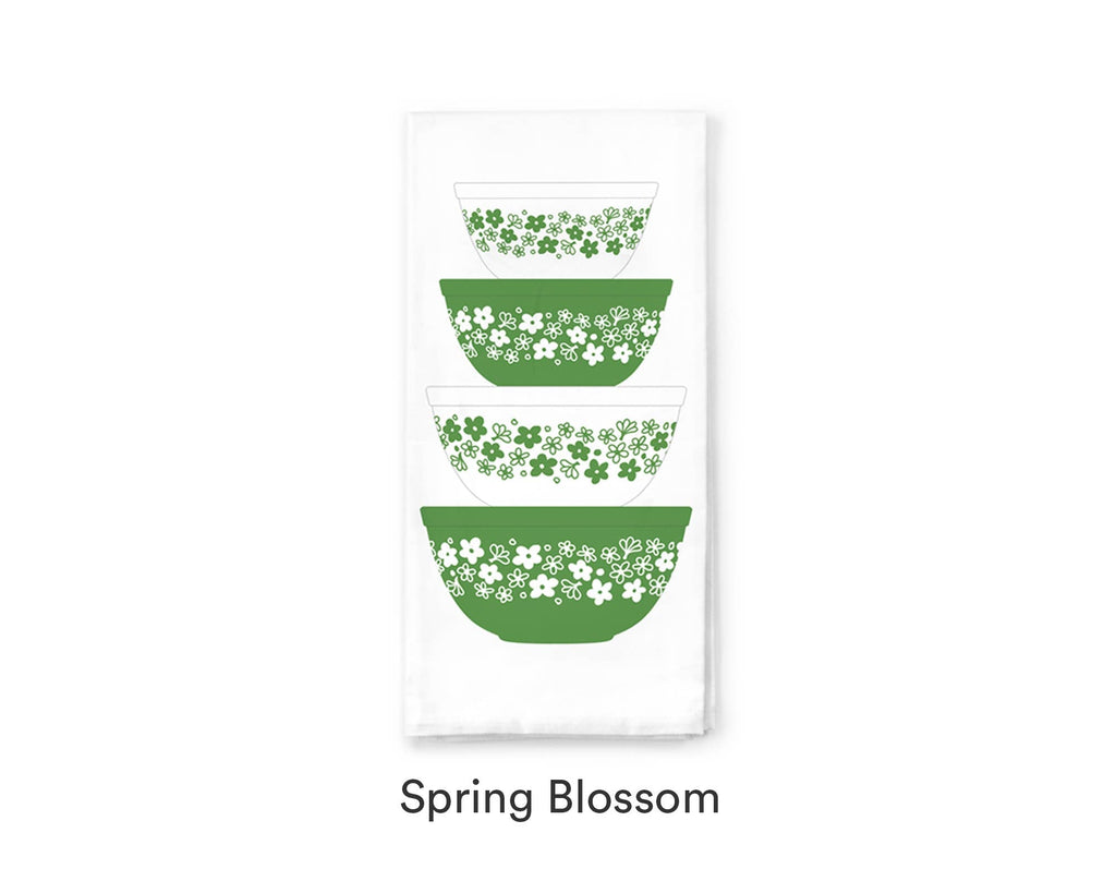 Rust and Lace cotton tea towel featuring a green and white vintage Spring Blossom mixing bowl stack pattern