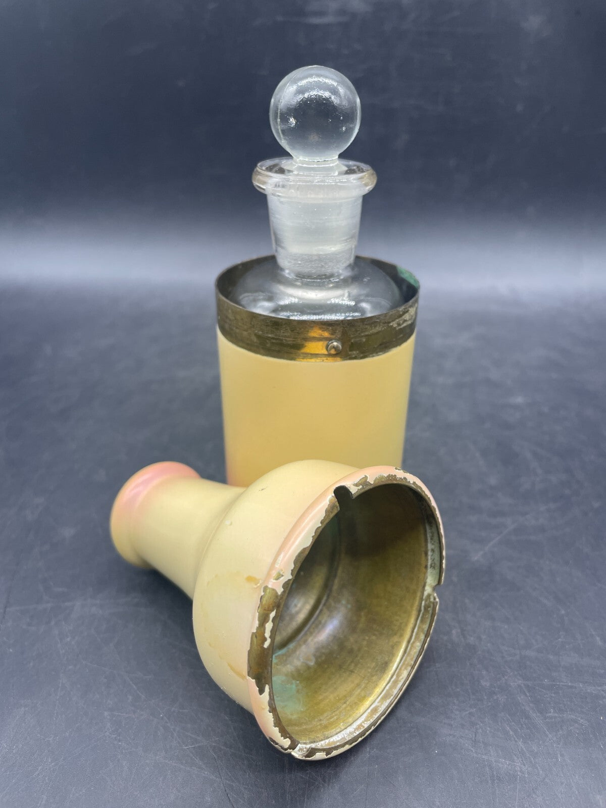 Rare Antique European Glass Perfume Bottle with Enamel Travel Case