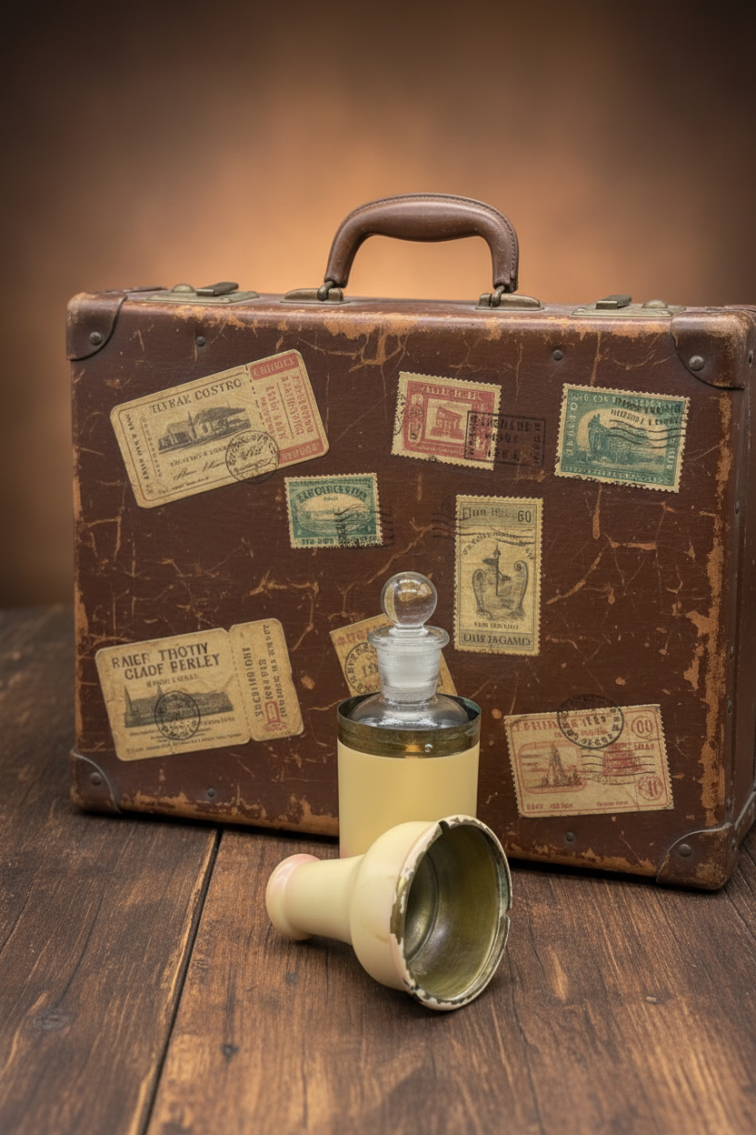 Rare Antique European Glass Perfume Bottle with Enamel Travel Case