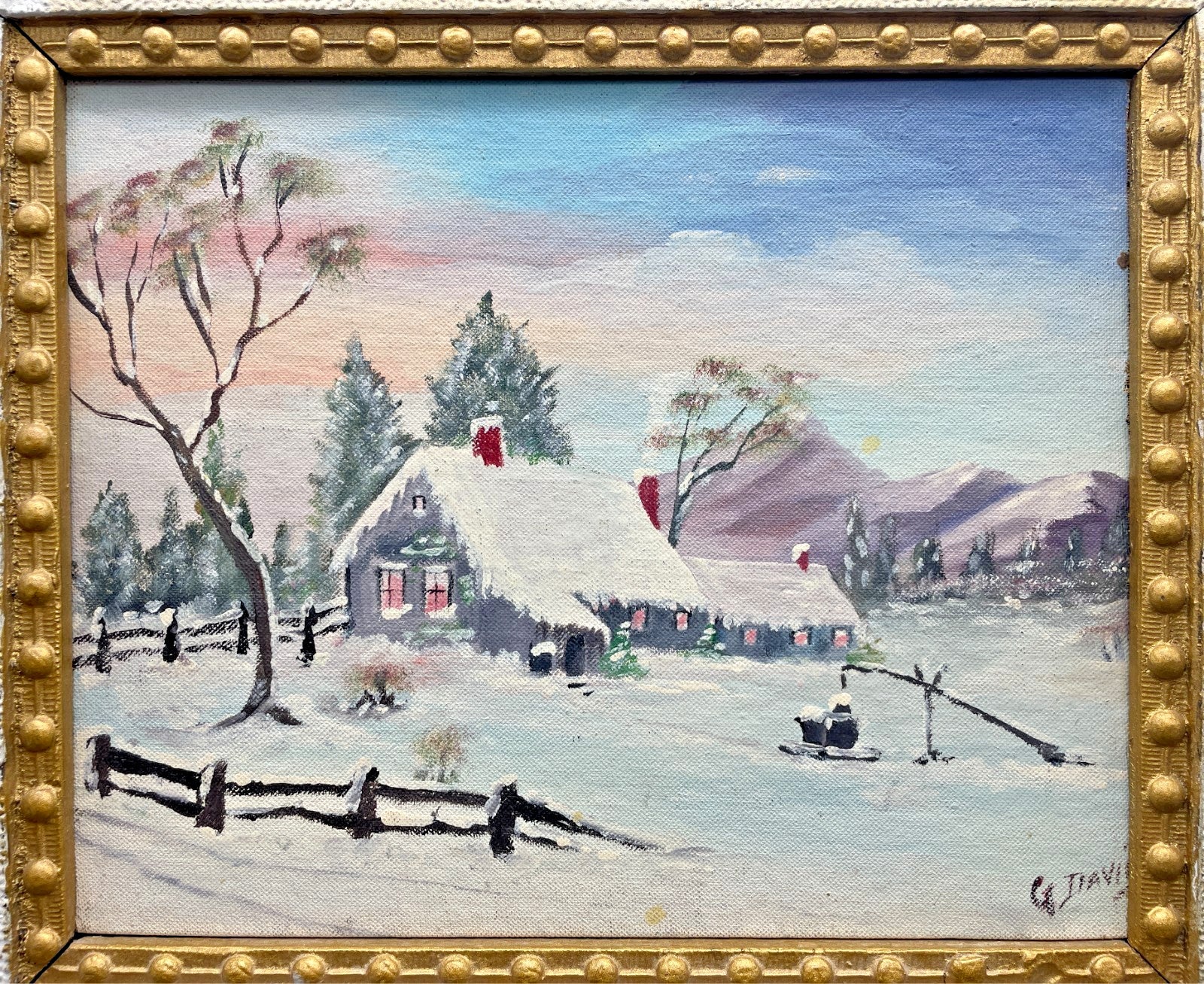 G. Davis Signed Folk Art Winter Landscape Painting - Framed Original 17" x 15"