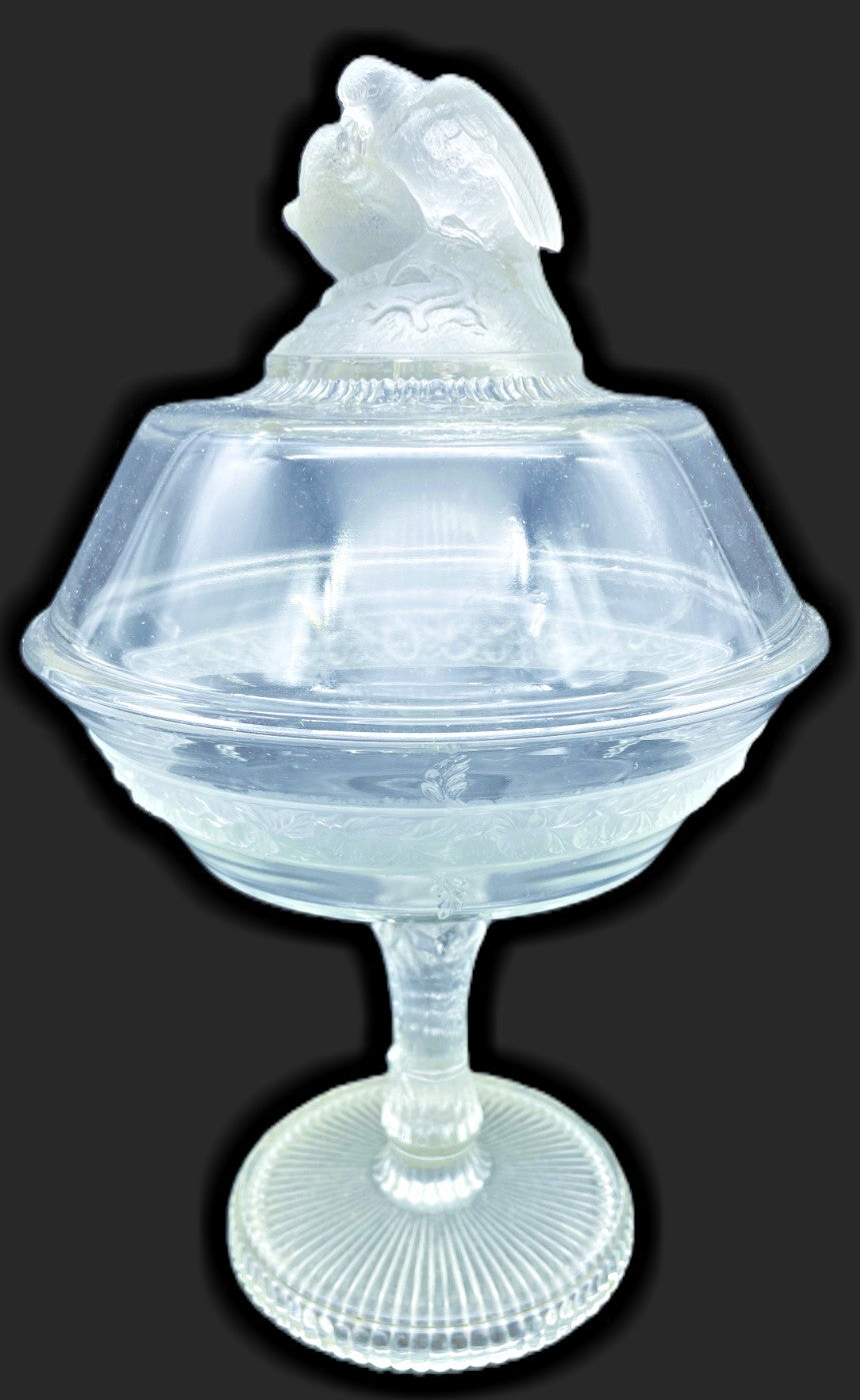 ANTIQUE EARLY AMERICAN PATTERNED GLASS COVERED COMPOTE LOVE BIRDS -C. 1870