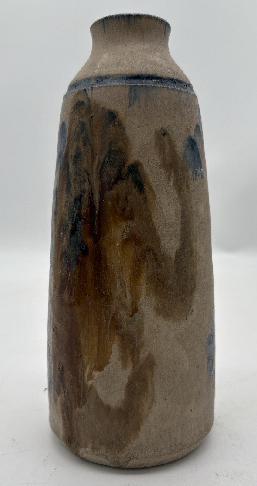 Franklin Signed Raku Pottery Bowl Taupe Blue Copper Studio Art Ceramic