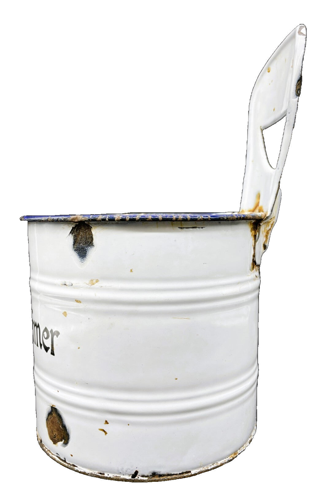 Vintage German Enamelware Bucket - Snow on Mountain White with Black Trim