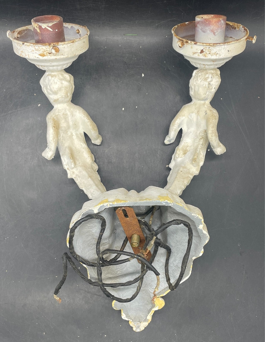 Antique Cherub Angel Wall Sconce Lights - Cast Metal Pair 15" Tall