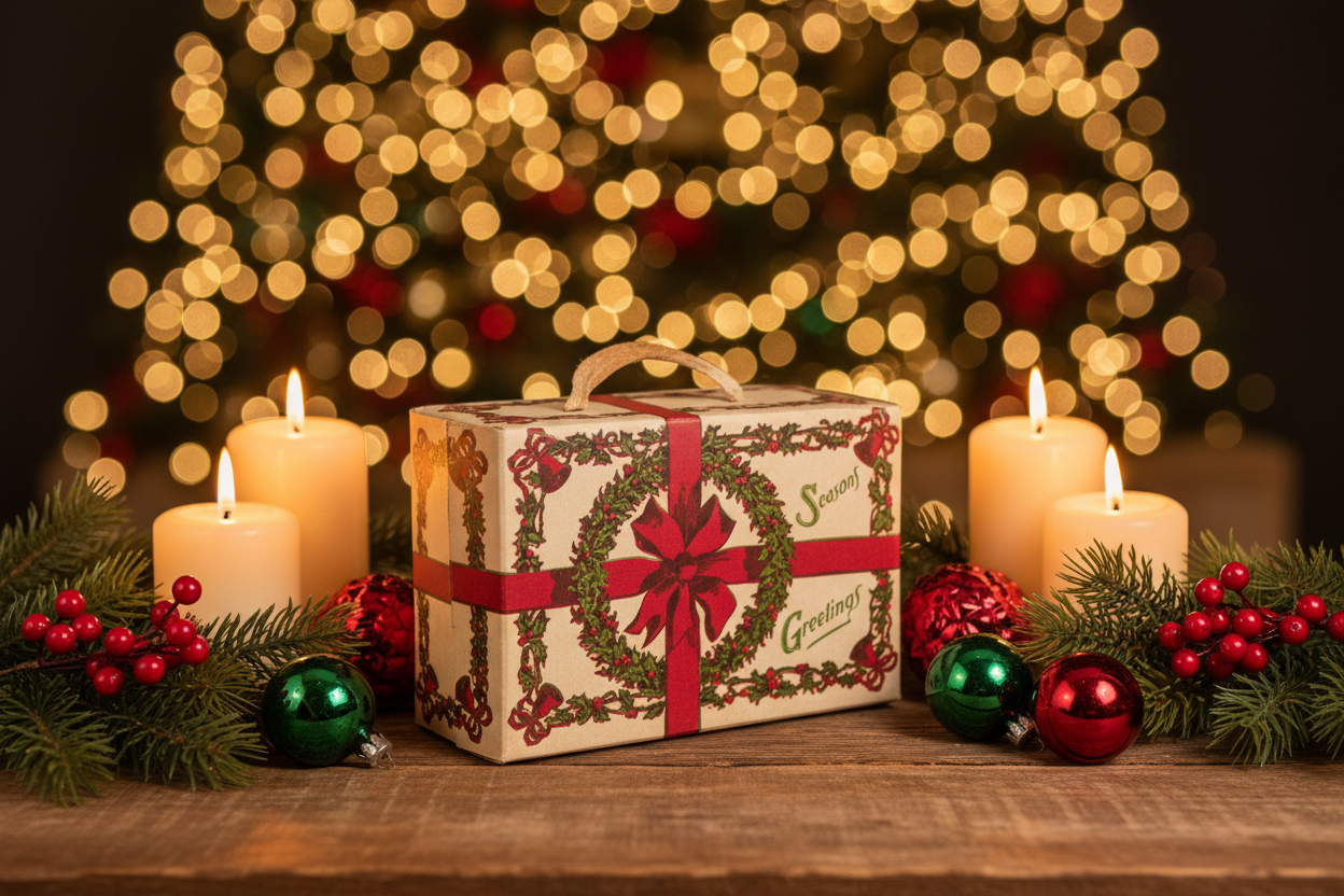 Vintage Christmas Candy Box - Holly Wreath Season's Greetings Holiday Decor