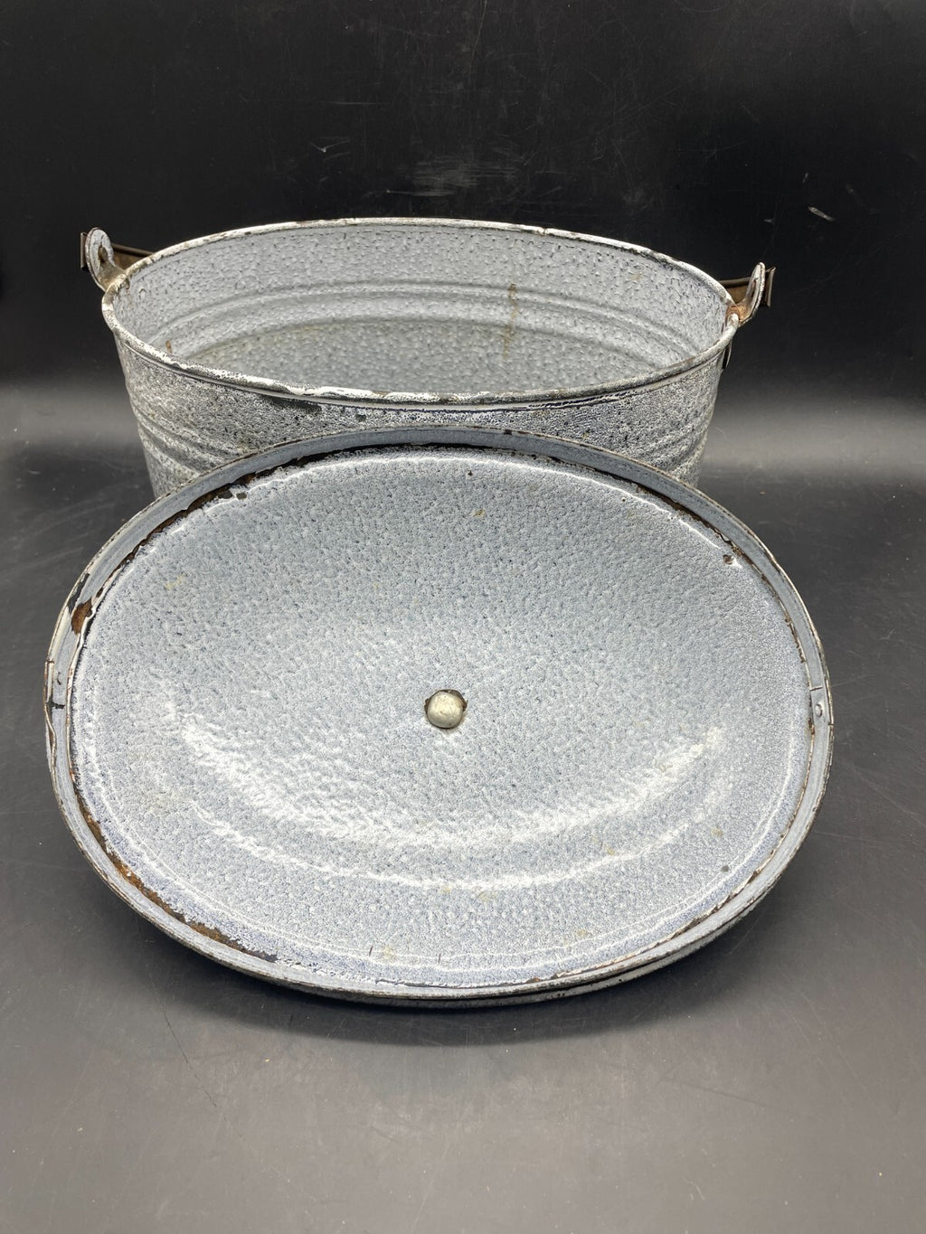 Antique Grey Gray Graniteware Enamelware Butter Storage Bucket Lunch Box Pail