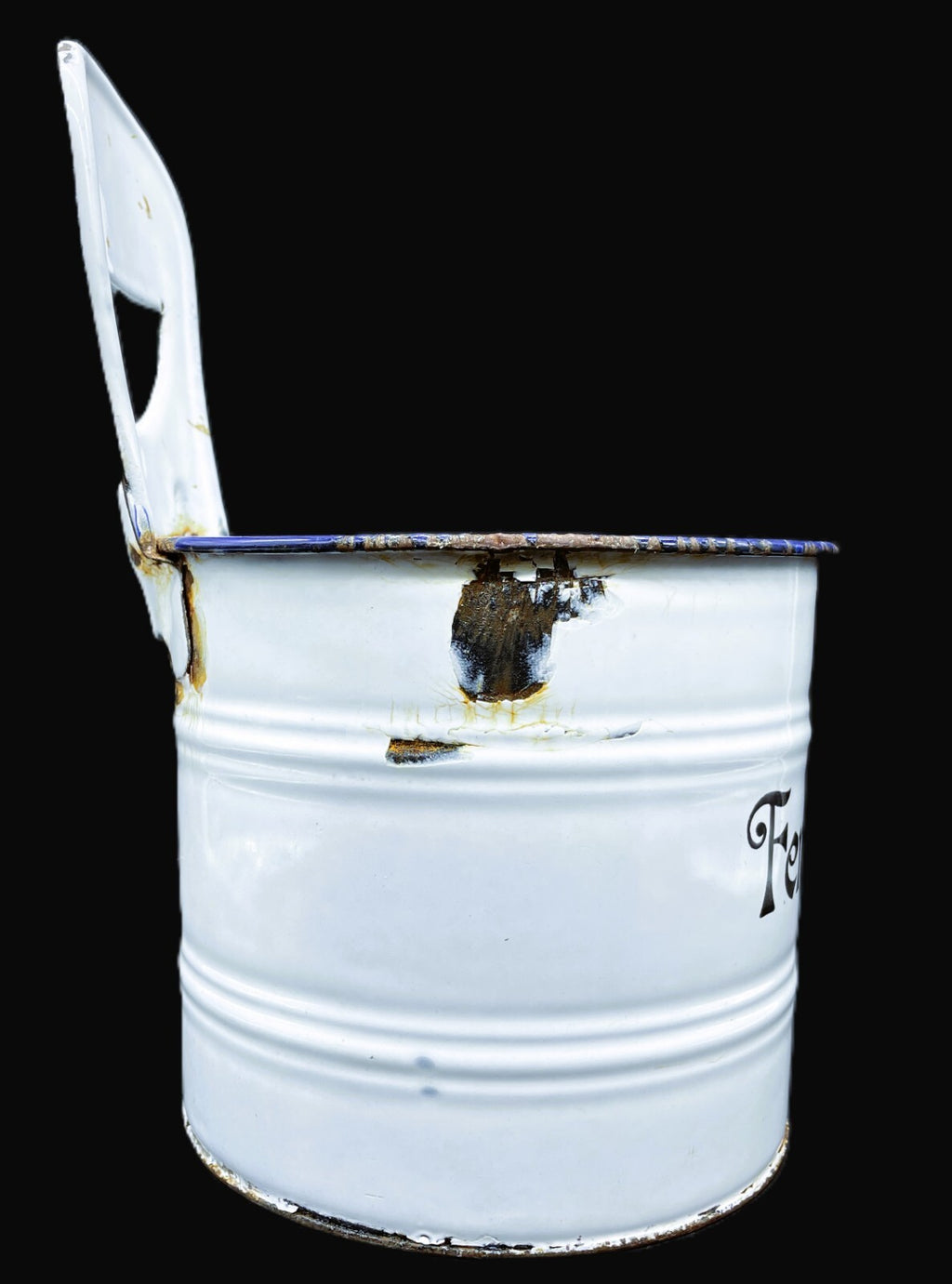 Vintage German Enamelware Bucket - Snow on Mountain White with Black Trim
