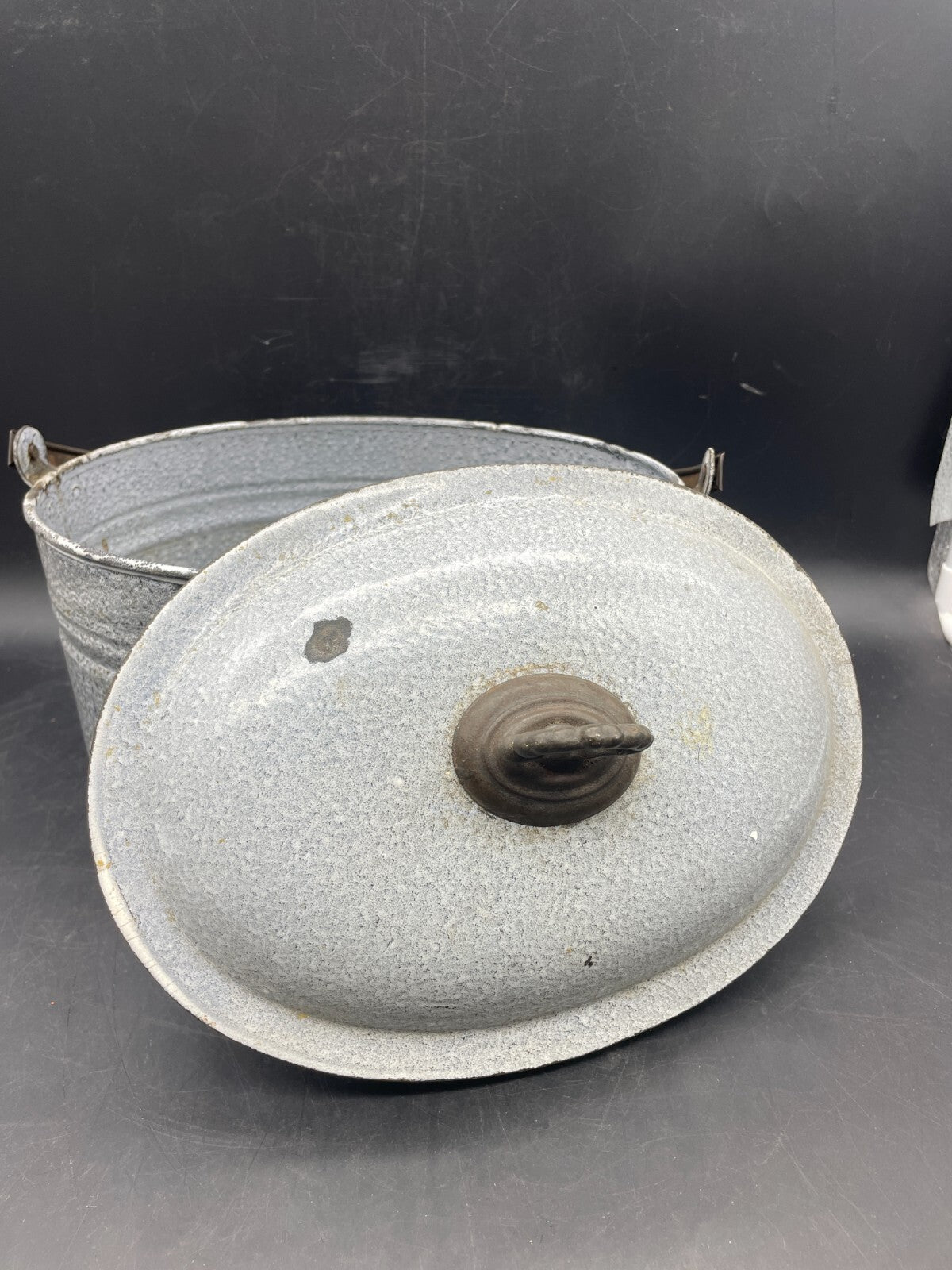 Antique Grey Gray Graniteware Enamelware Butter Storage Bucket Lunch Box Pail