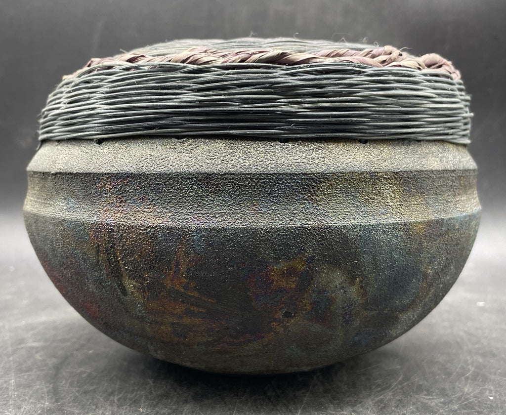 Vintage Raku Pottery Vase/Pot with Woven Lid, Signed Artisan Julie 1991