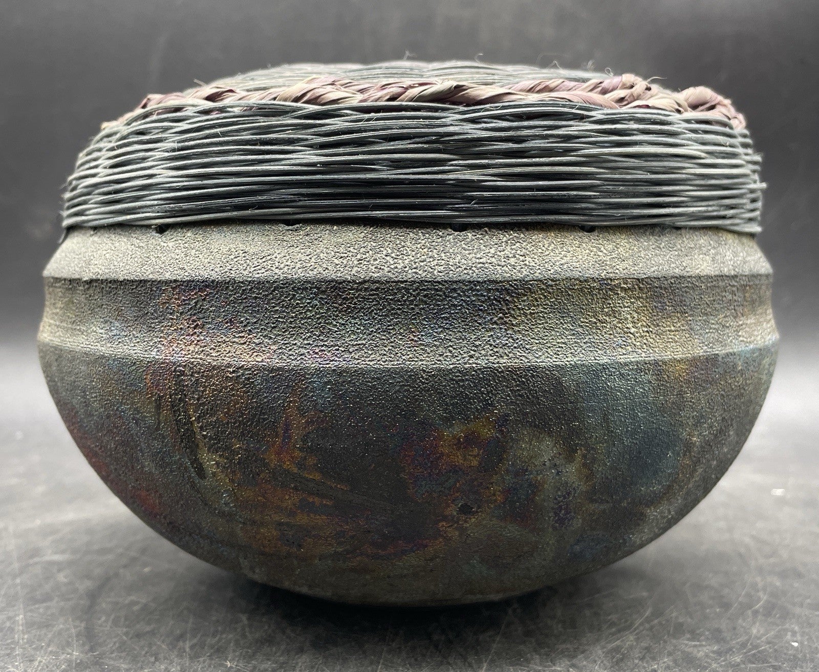 Vintage Raku Pottery Vase/Pot with Woven Lid, Signed Artisan Julie 1991