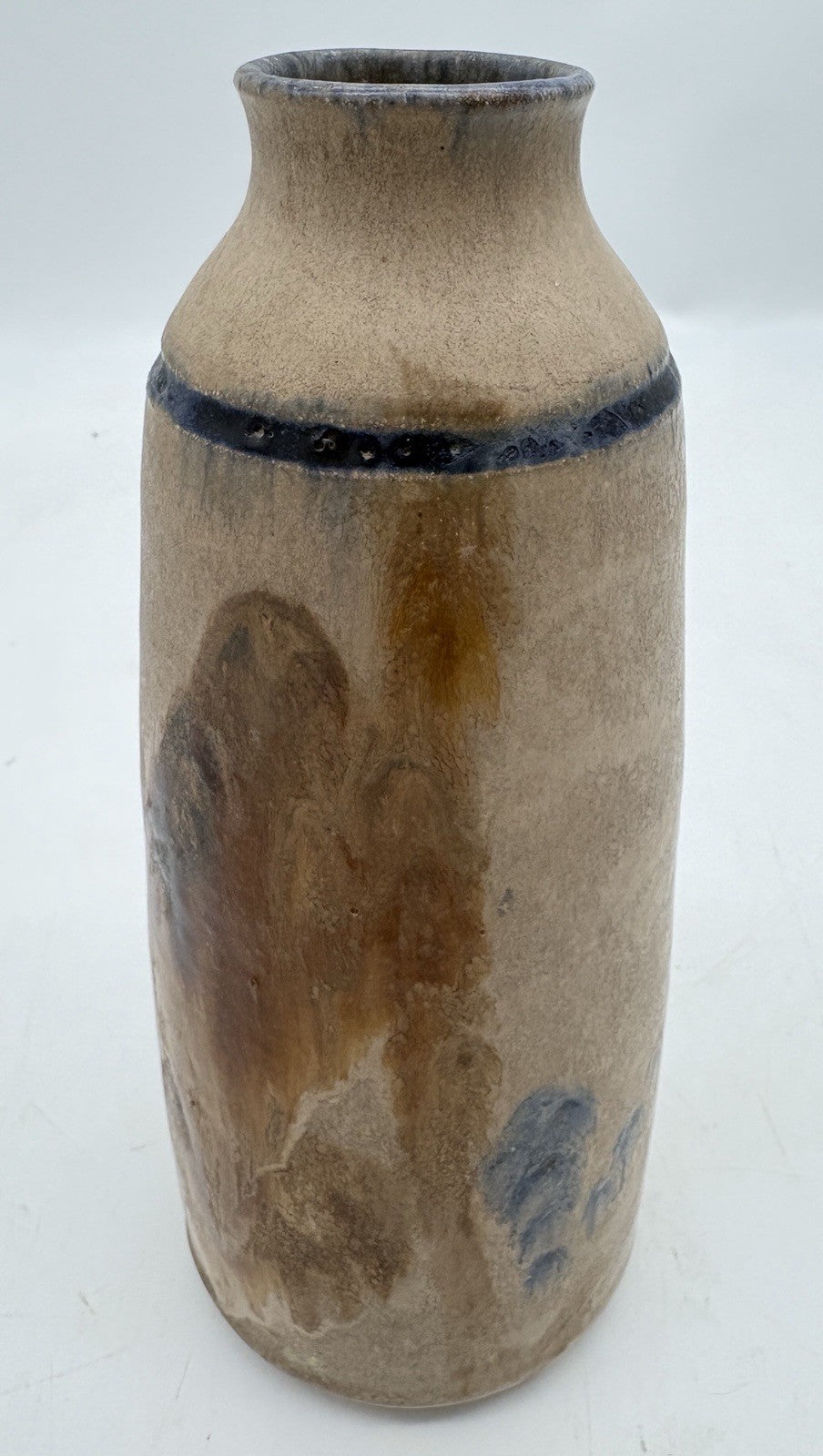 Franklin Signed Raku Pottery Bowl Taupe Blue Copper Studio Art Ceramic