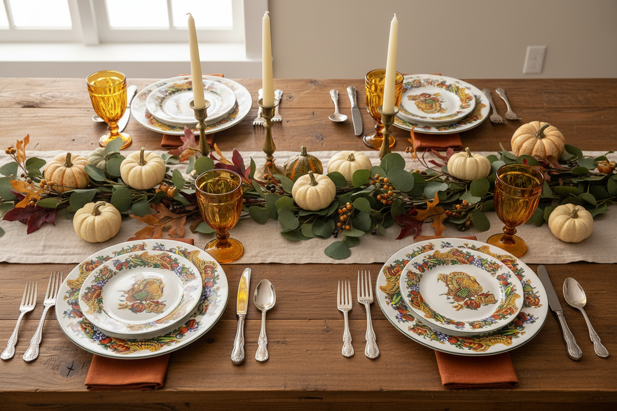 Pilgrim's Harvest Turkey Dinner & Salad Plate Set — American Atelier Thanksgiving