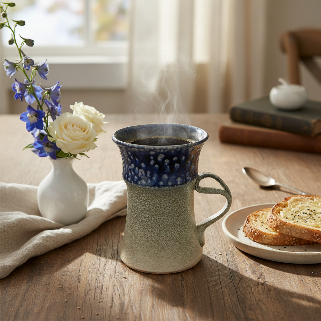 Signed Studio Art Pottery Mug with Double Curved Handle - Multicolor Stoneware