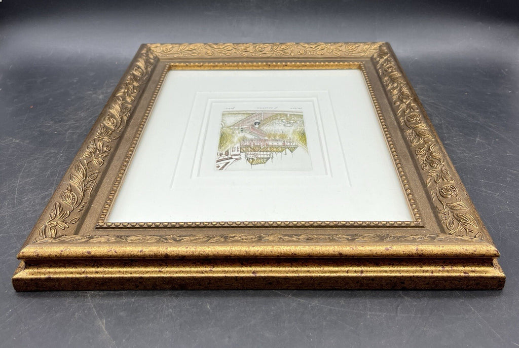 Ernst Geissendorfer Hand-Colored Etching - Rothenburg Rathaus Framed 12.5" x 10.75"