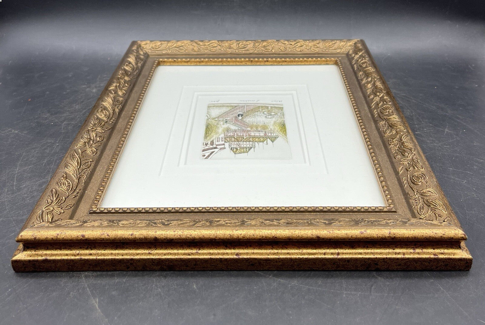 Ernst Geissendorfer Hand-Colored Etching - Rothenburg Rathaus Framed 12.5" x 10.75"