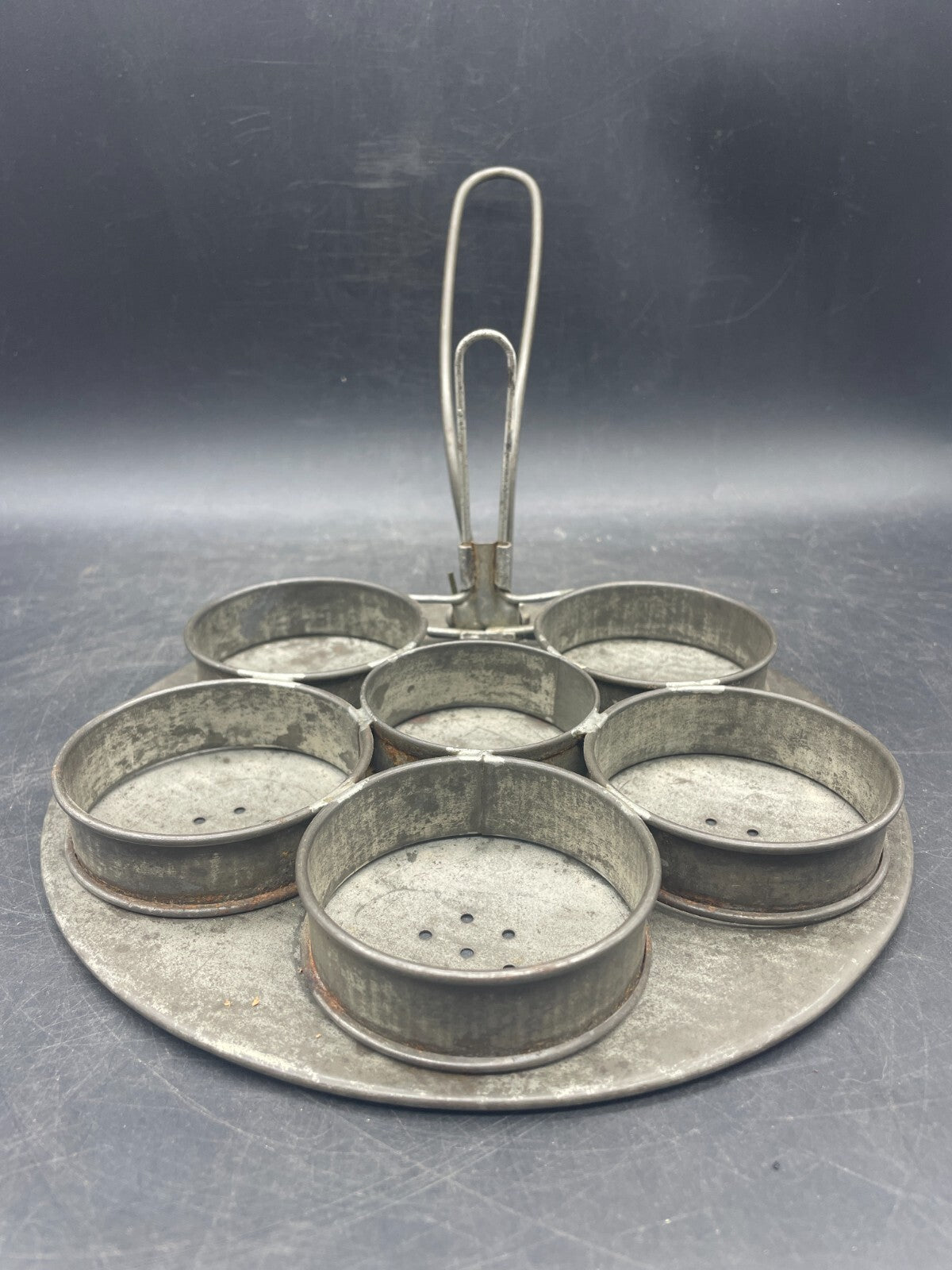Antique Tin Poached Egg Maker - 1900s Primitive Kitchen Tool with 6 Rings
