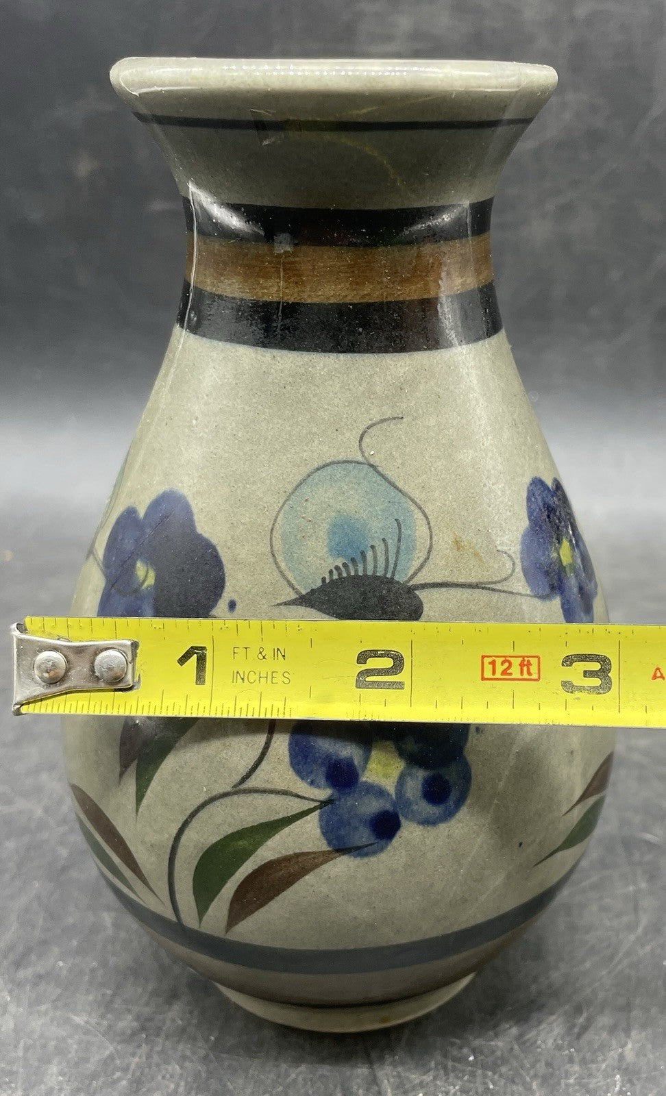 Studio Signed Art Pottery Vase - Handmade Floral Design Blue & Neutral 5.5"