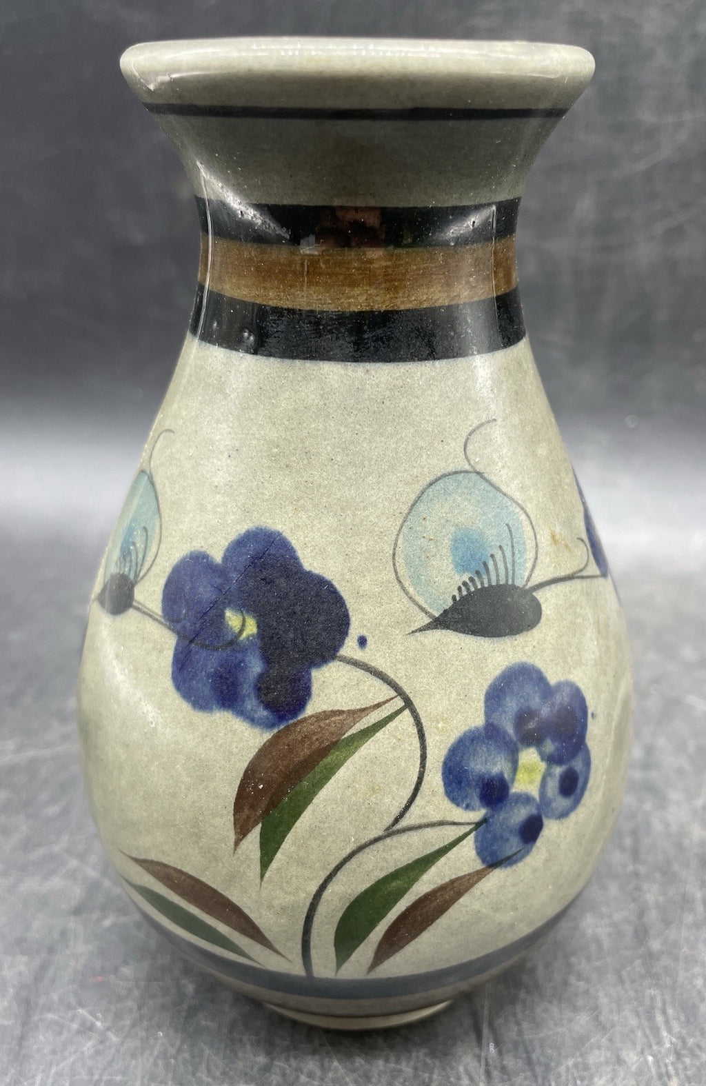 Studio Signed Art Pottery Vase - Handmade Floral Design Blue & Neutral 5.5"