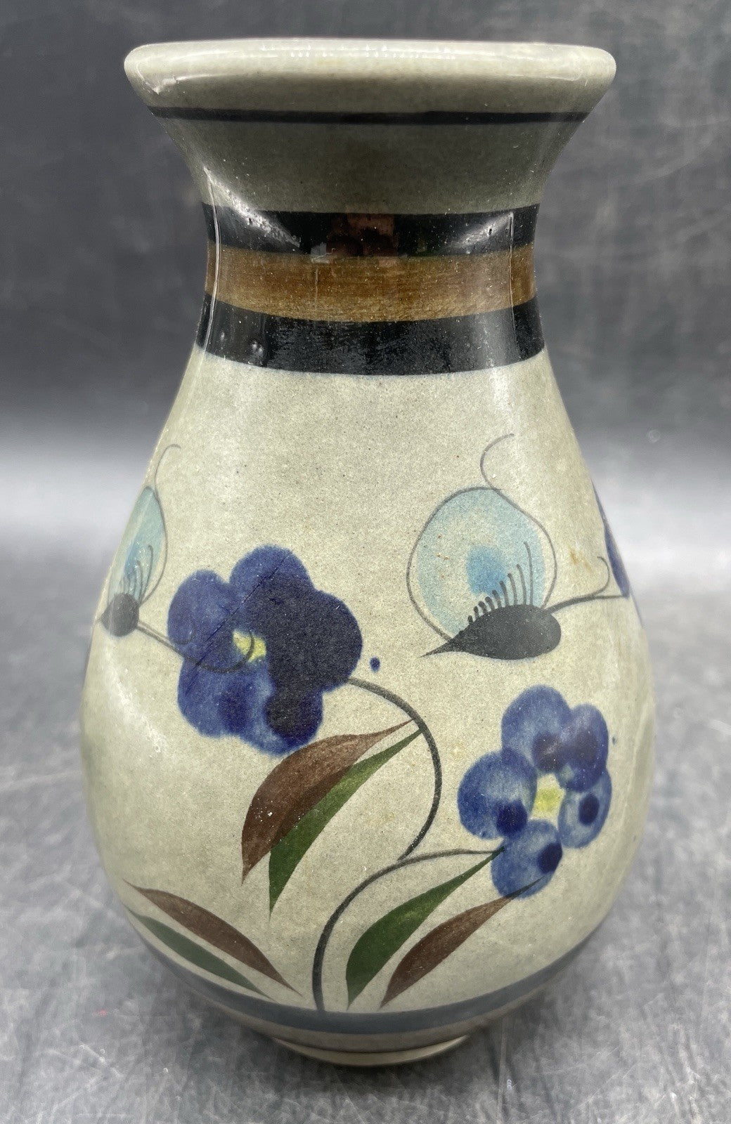 Studio Signed Art Pottery Vase - Handmade Floral Design Blue & Neutral 5.5"